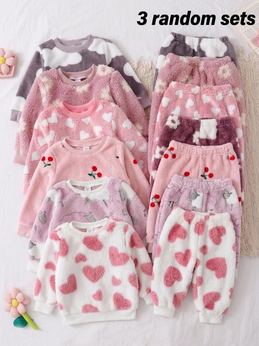 SHEIN 女嬰針織可愛圖案人造毛領衛衣與長褲 6件套 - 秋冬款 - 彩色 - 查看 1