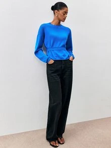 ATUI Studio Minimalist Versatile Round Neck Dropped Shoulder Long Sleeve Waist Horizontal Ribbed Cinched Loose Fit Casual Women's Sweater - Blue - View 4