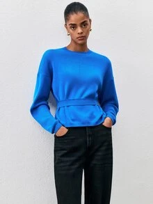 ATUI Studio Minimalist Versatile Round Neck Dropped Shoulder Long Sleeve Waist Horizontal Ribbed Cinched Loose Fit Casual Women's Sweater - Blue - View 5