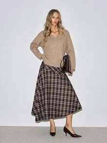 ATUI Studio Retro Plaid For Autumn/Winter Midi Skirt - A-Line Fall Winter, Office Chic, Dark Academia, Old Money, Thanksgiving Elegant Commuter Design Long Skirt - Multicolor - View 3