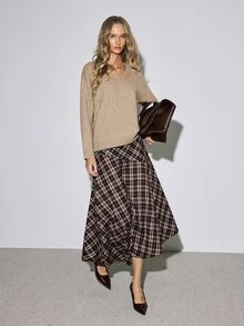 ATUI Studio Retro Plaid For Autumn/Winter Midi Skirt - A-Line Fall Winter, Office Chic, Dark Academia, Old Money, Thanksgiving Elegant Commuter Design Long Skirt - Multicolor - View 2