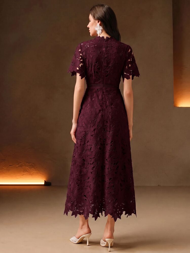 Anewsta New Heavy-Duty Hollow Lace Embroidery Design Women's Dress For Daily Wear, Date, And Evening Party - Burgundy - View 7