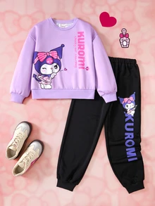 HELLO KITTY AND FRIENDS | SHEIN Tween Girl Summer Casual Cartoon Print Sweatshirt & Sweatpants Set - Purple - View 3