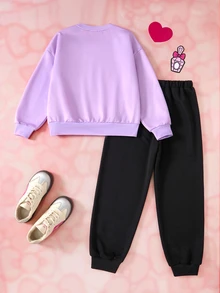 HELLO KITTY AND FRIENDS | SHEIN Tween Girl Summer Casual Cartoon Print Sweatshirt & Sweatpants Set - Purple - View 2
