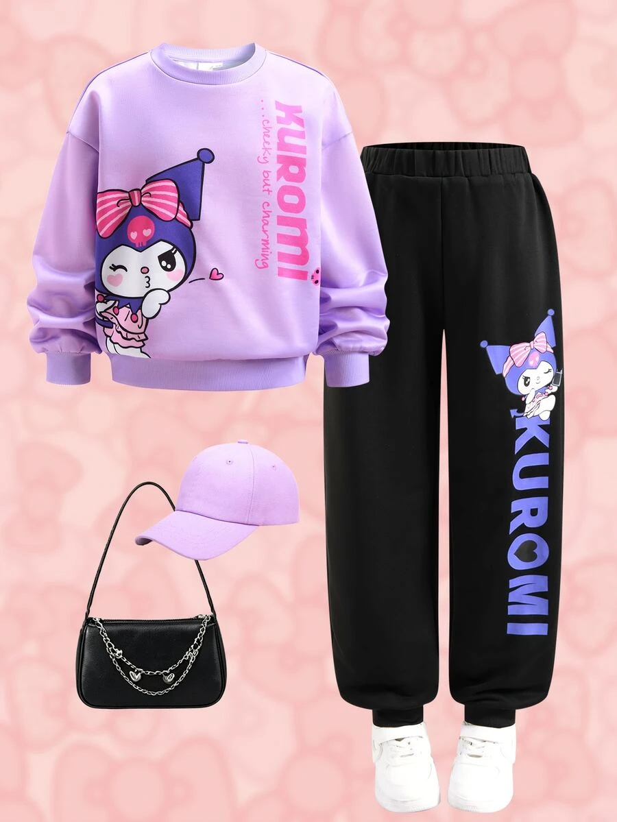 HELLO KITTY AND FRIENDS | SHEIN Tween Girl Summer Casual Cartoon Print Sweatshirt & Sweatpants Set - Purple - View 1