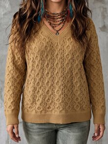 SHEIN LUNE CURVE 大尺碼女款春秋半透鏤空圓領寬鬆落肩休閒針織上衣，愛心圖案套頭毛衣，適合日常穿著 - 卡其色 - 查看 13