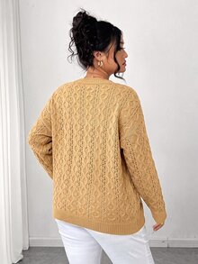 SHEIN LUNE CURVE 大尺碼女款春秋半透鏤空圓領寬鬆落肩休閒針織上衣，愛心圖案套頭毛衣，適合日常穿著 - 卡其色 - 查看 3