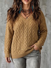 SHEIN LUNE CURVE 大尺碼女款春秋半透鏤空圓領寬鬆落肩休閒針織上衣，愛心圖案套頭毛衣，適合日常穿著 - 卡其色 - 查看 12