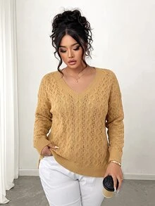 SHEIN LUNE CURVE 大尺碼女款春秋半透鏤空圓領寬鬆落肩休閒針織上衣，愛心圖案套頭毛衣，適合日常穿著 - 卡其色 - 查看 6
