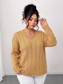 SHEIN LUNE CURVE 大尺碼女款春秋半透鏤空圓領寬鬆落肩休閒針織上衣，愛心圖案套頭毛衣，適合日常穿著 - 卡其色 - 查看 8