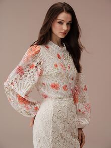 BELROSIE Women's Vintage Elegant Blouse With Heavy Floral Embroidery, Hollow-Out Front Pleats, Ruffle Collar And Long Sleeves - Multicolor - View 3