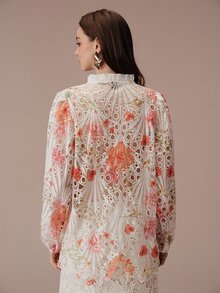 BELROSIE Women's Vintage Elegant Blouse With Heavy Floral Embroidery, Hollow-Out Front Pleats, Ruffle Collar And Long Sleeves - Multicolor - View 2