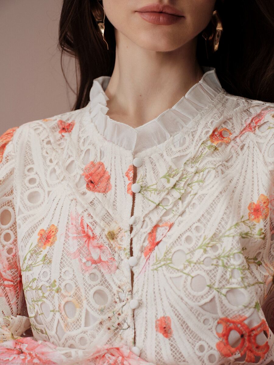 BELROSIE Women's Vintage Elegant Blouse With Heavy Floral Embroidery, Hollow-Out Front Pleats, Ruffle Collar And Long Sleeves - Multicolor - View 1