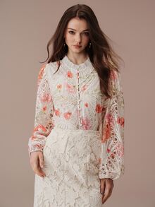BELROSIE Women's Vintage Elegant Blouse With Heavy Floral Embroidery, Hollow-Out Front Pleats, Ruffle Collar And Long Sleeves - Multicolor - View 5