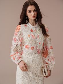 BELROSIE Women's Vintage Elegant Blouse With Heavy Floral Embroidery, Hollow-Out Front Pleats, Ruffle Collar And Long Sleeves - Multicolor - View 7