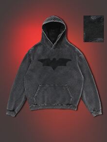 ROMWE MEN Batman X ROMWE Men's Bat Embroidered Long Sleeve Pocket Casual Hoodie - Black - View 3