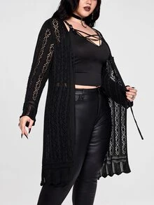 ROMWE Casual Versatile Loose V-Neck Tie-Front Long Sleeve Transparent Long Cardigan Plus Size - Black - View 5