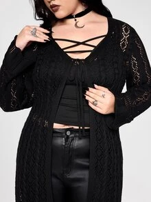 ROMWE Casual Versatile Loose V-Neck Tie-Front Long Sleeve Transparent Long Cardigan Plus Size - Black - View 3