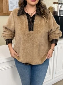 SHEIN CURVE+ Plus Size Women's Colorblock Casual Everyday Long Sleeve Sweatshirt - Multicolor - View 5