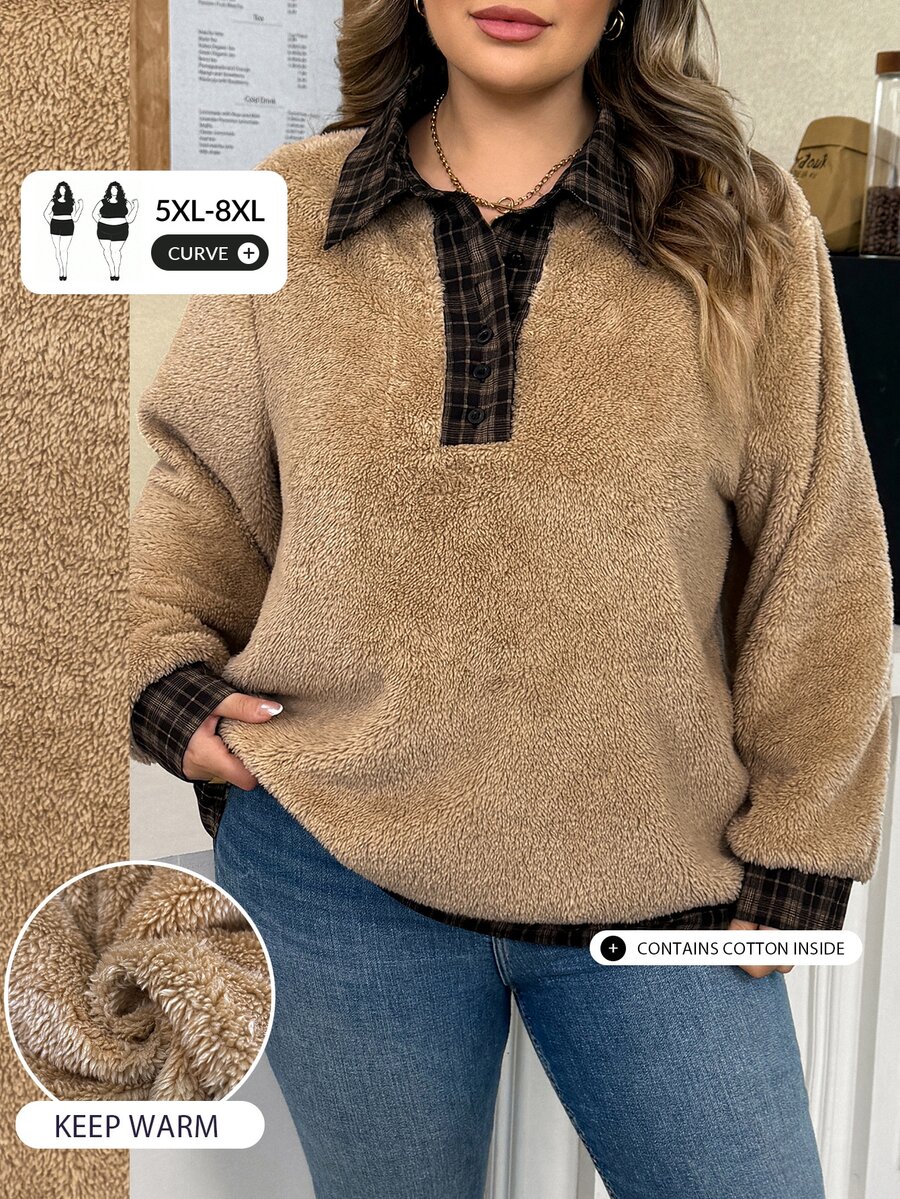 SHEIN CURVE+ Plus Size Women's Colorblock Casual Everyday Long Sleeve Sweatshirt - Multicolor - View 1