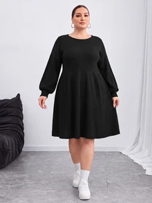 SHEIN CURVE+ Plus Size Women's French Casual Solid Color Lantern Sleeve Sweater Dress, Suitable For Autumn/Winter Wear, Black - Black - View 6