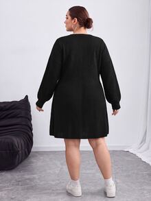 SHEIN CURVE+ Plus Size Women's French Casual Solid Color Lantern Sleeve Sweater Dress, Suitable For Autumn/Winter Wear, Black - Black - View 2