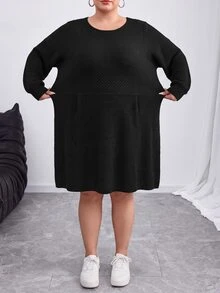 SHEIN CURVE+ Plus Size Women's French Casual Solid Color Lantern Sleeve Sweater Dress, Suitable For Autumn/Winter Wear, Black - Black - View 3
