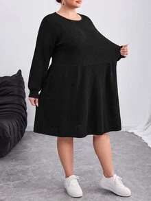 SHEIN CURVE+ Plus Size Women's French Casual Solid Color Lantern Sleeve Sweater Dress, Suitable For Autumn/Winter Wear, Black - Black - View 4
