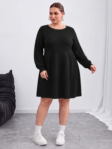 SHEIN CURVE+ Plus Size Women's French Casual Solid Color Lantern Sleeve Sweater Dress, Suitable For Autumn/Winter Wear, Black - Black - View 5