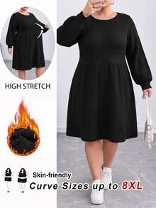 SHEIN CURVE+ Plus Size Women's French Casual Solid Color Lantern Sleeve Sweater Dress, Suitable For Autumn/Winter Wear, Black - Black - View 7