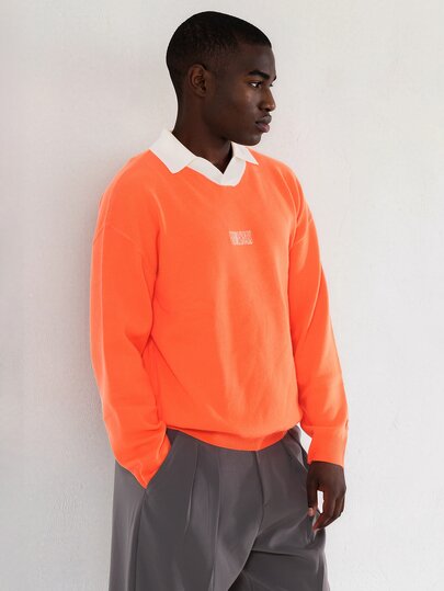 FORM&CHAOS Men's Fall/ Polo Collar Embroidered Orange And White Long Sleeve Sweater Off Campus School Casual Streetwear