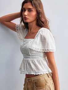 Willow Rêve Blus Peplum Putih Wanita, Renda Bordir, Leher Persegi, Lengan Mengembang, Motif Bunga, Gaya Cottagecore Romantis Musim Panas untuk Liburan, Pesta Teh, Atasan Putih, Atasan Musim Gugur - Putih - View 5
