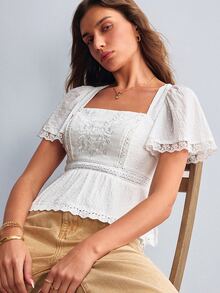 Willow Rêve Blus Peplum Putih Wanita, Renda Bordir, Leher Persegi, Lengan Mengembang, Motif Bunga, Gaya Cottagecore Romantis Musim Panas untuk Liburan, Pesta Teh, Atasan Putih, Atasan Musim Gugur - Putih - View 7