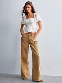 Willow Rêve Blus Peplum Putih Wanita, Renda Bordir, Leher Persegi, Lengan Mengembang, Motif Bunga, Gaya Cottagecore Romantis Musim Panas untuk Liburan, Pesta Teh, Atasan Putih, Atasan Musim Gugur - Putih - View 3