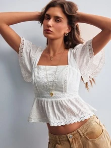 Willow Rêve Blus Peplum Putih Wanita, Renda Bordir, Leher Persegi, Lengan Mengembang, Motif Bunga, Gaya Cottagecore Romantis Musim Panas untuk Liburan, Pesta Teh, Atasan Putih, Atasan Musim Gugur - Putih - View 1