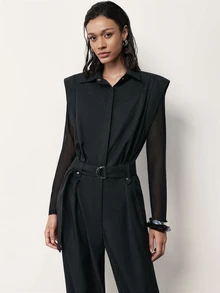 MERLEAU-F Women's Modern Black Long Jumpsuit, Business Casual Elegant, Office Work Outfits, Palazzo Pants Autumn Classic Luxury Business Elegant - Black - View 7