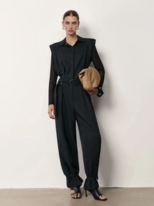 MERLEAU-F Women's Modern Black Long Jumpsuit, Business Casual Elegant, Office Work Outfits, Palazzo Pants Autumn Classic Luxury Business Elegant - Black - View 9