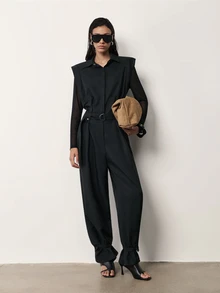 MERLEAU-F Women's Modern Black Long Jumpsuit, Business Casual Elegant, Office Work Outfits, Palazzo Pants Autumn Classic Luxury Business Elegant - Black - View 1