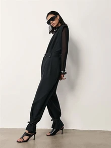 MERLEAU-F Women's Modern Black Long Jumpsuit, Business Casual Elegant, Office Work Outfits, Palazzo Pants Autumn Classic Luxury Business Elegant - Black - View 6