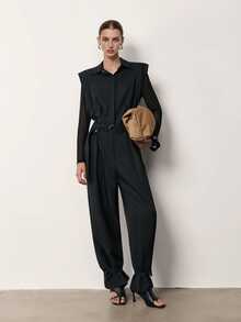 MERLEAU-F Women's Modern Black Long Jumpsuit, Business Casual Elegant, Office Work Outfits, Palazzo Pants Autumn Classic Luxury Business Elegant - Black - View 3