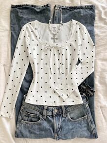 SHEIN Kids Tween Girl Polka Dot Casual Everyday Long Sleeve T-Shirt - Black and White - View 2
