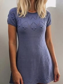 Sprig & Strand Gaun Sweater Pullover Kasual Longgar Lengan Pendek Lengan Raglan Warna Polos untuk Wanita - Biru - View 4