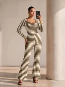 Structelle Women's Square Neck Long Sleeve Jumpsuit, Slim Fit Design, Spring/Autumn - Multicolor - View 1