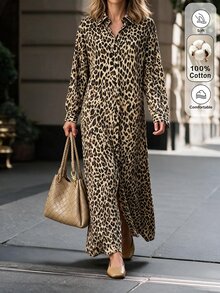 SHEIN LUNE Women's New Autumn/Winter Leopard Print Shirt Dress - Multicolor - View 1