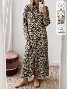 SHEIN LUNE Women's New Autumn/Winter Leopard Print Shirt Dress - Multicolor - View 4