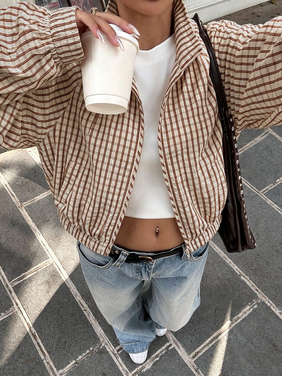 Avenya Fall/Winter Minimalist Casual 80s Style Stand Collar Zipper Ballet Sleeve Textured Mesh Jacket Everyday Travel Brown And White Autumn Winter Jacket - Multicolor - View 1