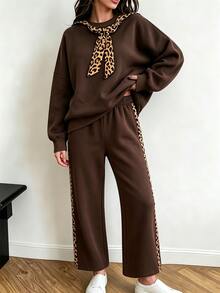 Franclia New Vintage Leopard Print Ribbon Round Neck Sweatshirt Women Loose Slimming Casual Patchwork Brown Long Sleeve Sweatshirt Wide Leg Side Leopard Stripe Sweatpants 2-Piece Set - Coffee Brown - View 1