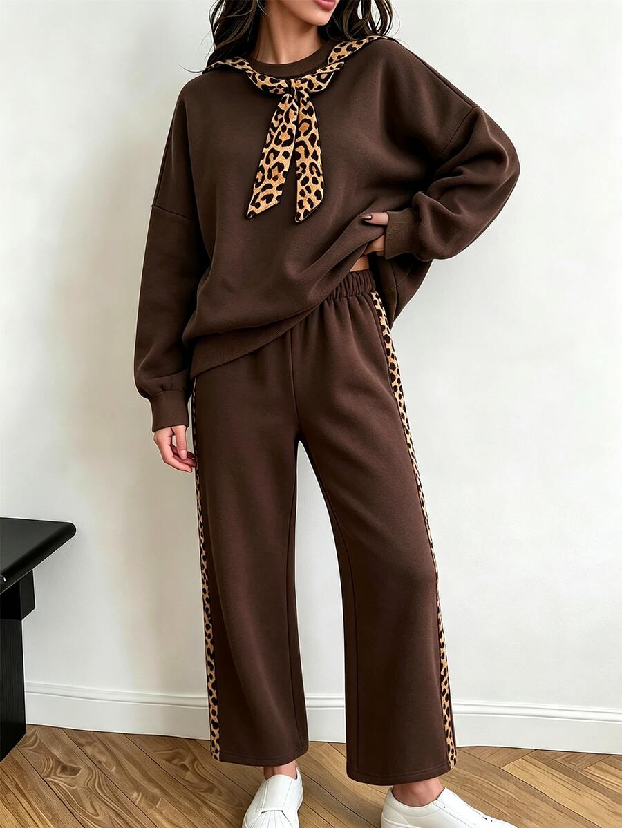 Franclia New Vintage Leopard Print Ribbon Round Neck Sweatshirt Women Loose Slimming Casual Patchwork Brown Long Sleeve Sweatshirt Wide Leg Side Leopard Stripe Sweatpants 2-Piece Set - Coffee Brown - View 1