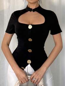 Vavine Women's Elegant Casual Solid Metal Button Front Cutout Short Sleeve T-Shirt - Black - View 5