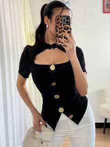 Vavine Women's Elegant Casual Solid Metal Button Front Cutout Short Sleeve T-Shirt - Black - View 6